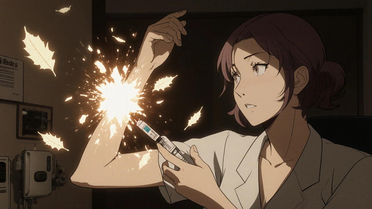 An older woman receiving a fulvestrant injection as estrogen receptors dissolve into particles around her arm.