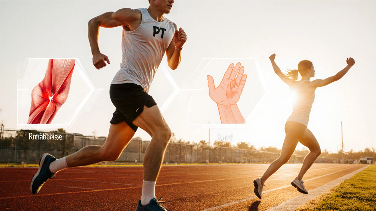 Athlete running at sunrise with a faint timeline of injury, rehab, and recovery.