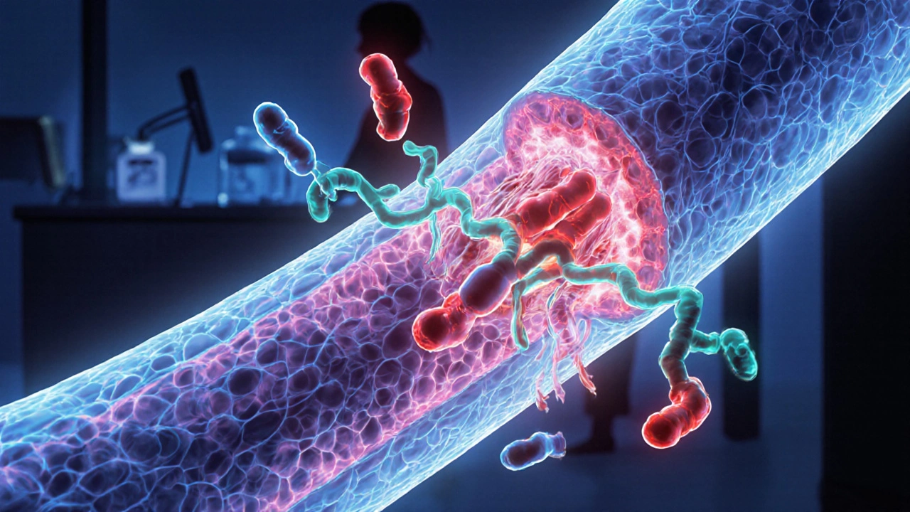 Blood vessel illustration showing Azilsartan blocking angiotensin II.