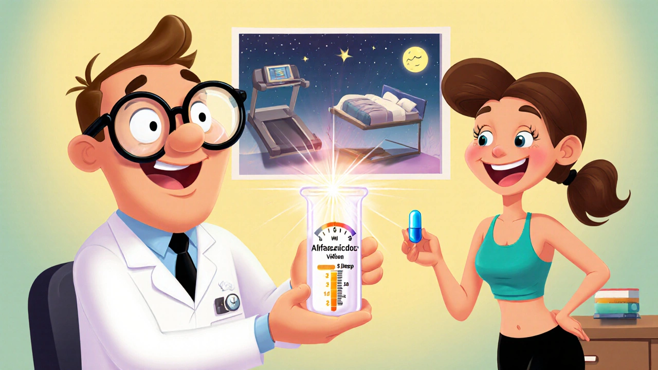 Cartoon doctor and patient reviewing test results, showing safe use of alfacalcidol.