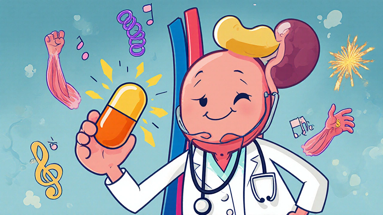Cartoon kidney turning alfacalcidol into active vitamin D, calming muscles and nerves.