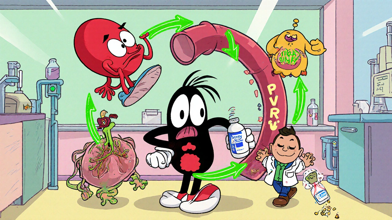 Cartoon loop shows anemic cell, cytokine monster, kidney, and diuretic spilling iron around a stressed right ventricle.