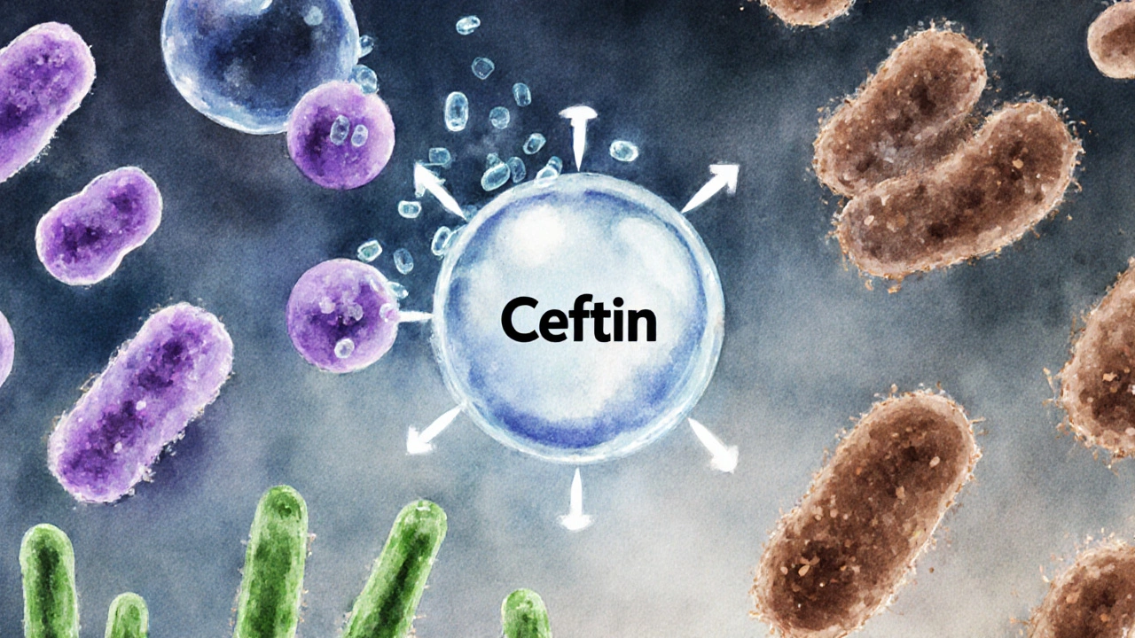 Ceftin molecule targeting gram‑positive, gram‑negative, and anaerobic bacteria.
