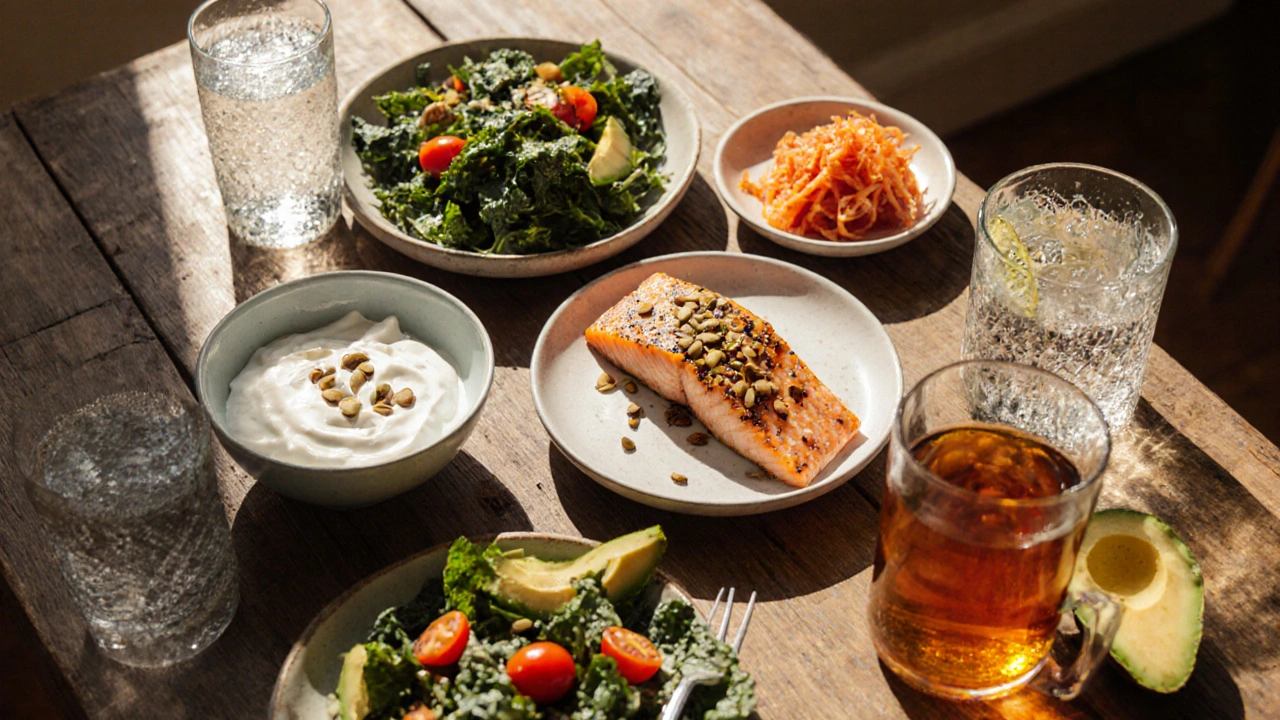 Colorful spread of salmon, yogurt, greens, seeds, kimchi, water and tea on a table.