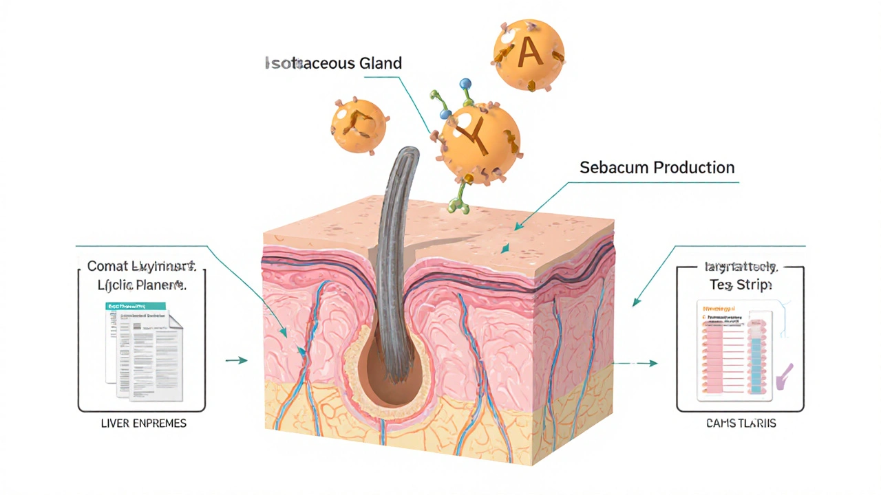 Cross‑section of skin showing isotretinoin shrinking sebaceous gland with lab test icons.
