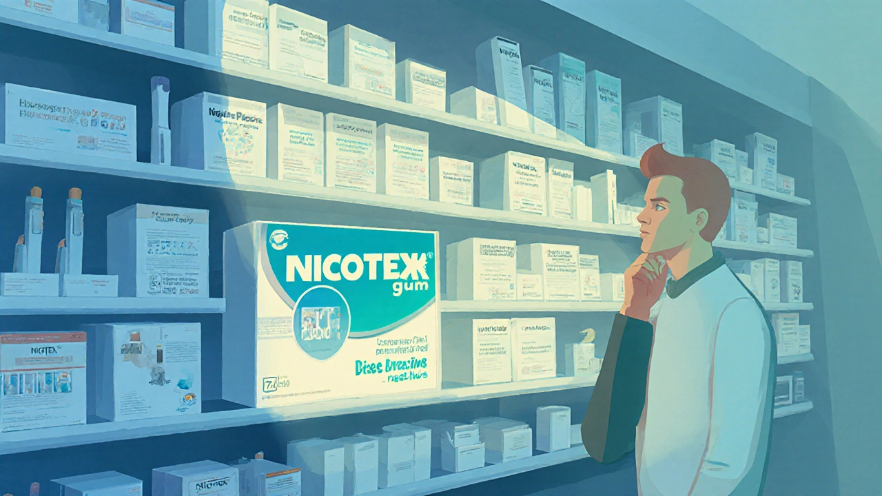 Digital art of a pharmacy aisle with various NRT products and a person contemplating.