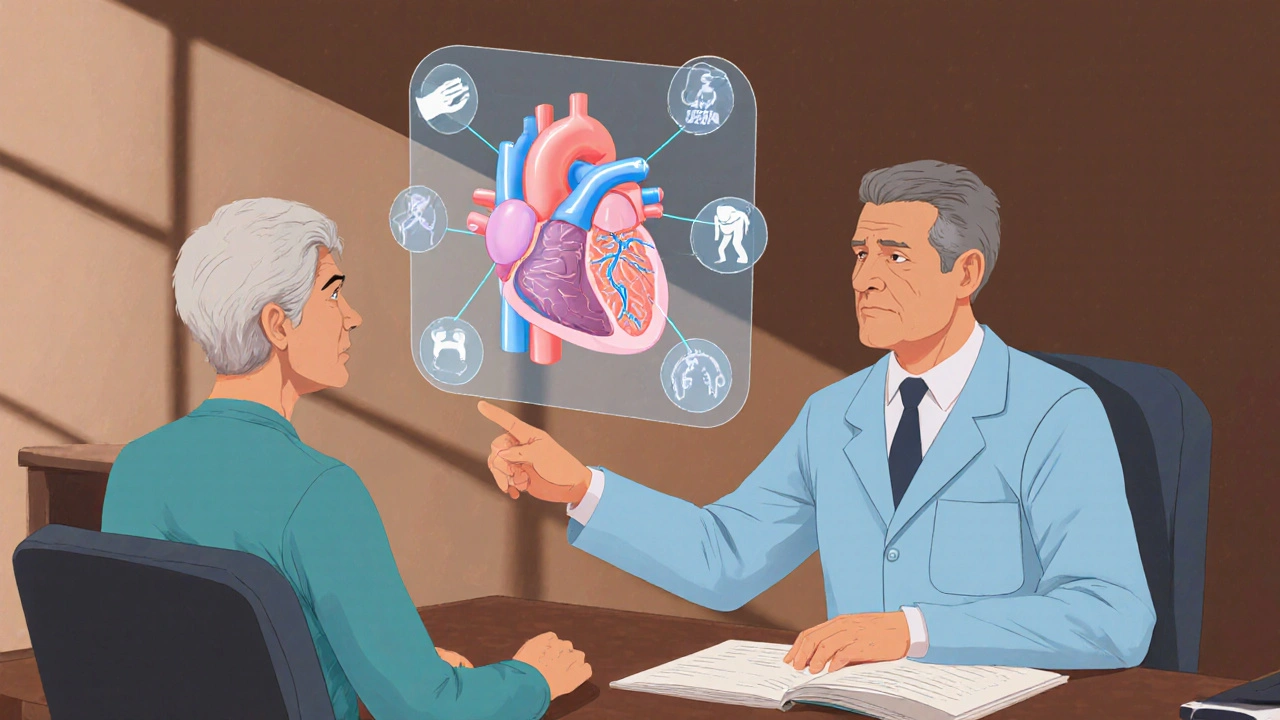Doctor explains beta‑blocker action with heart and brain overlay, showing side‑effect icons.