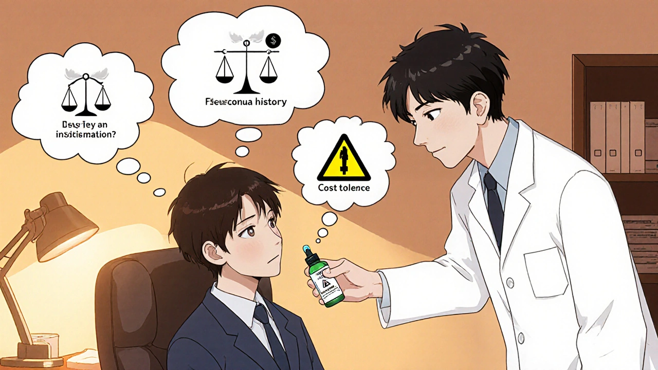Doctor offering a Fluorometholone bottle to a patient, with thought bubbles showing severity, glaucoma risk, and price.