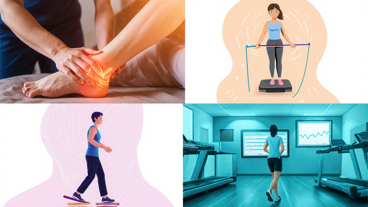Four‑panel illustration of manual therapy, exercise, neuromuscular re‑education, and gait training.