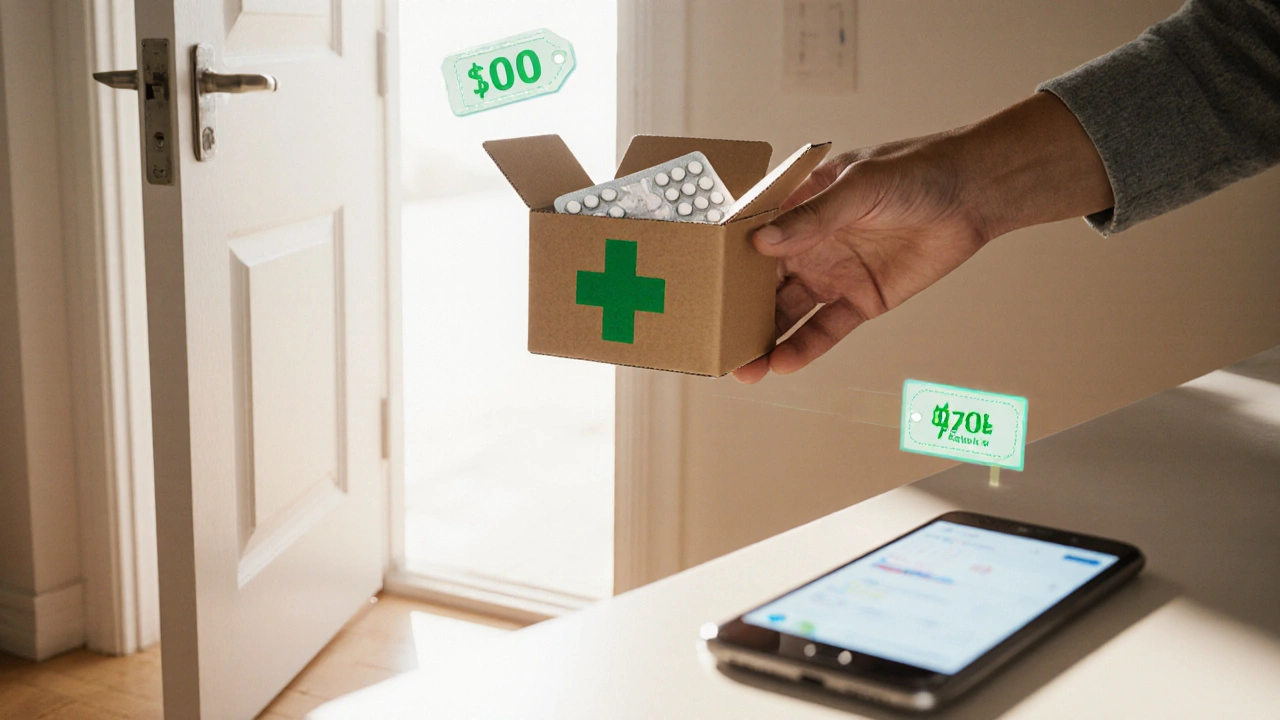 Hand receiving a delivery box with generic tablets and a green pharmacy logo.