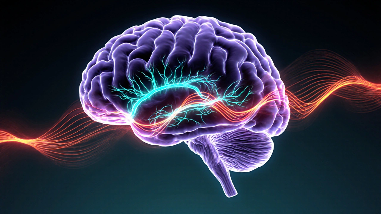 Illustrated brain highlighting dopamine pathways, levodopa spikes, and overactive motor signals causing dyskinesia.