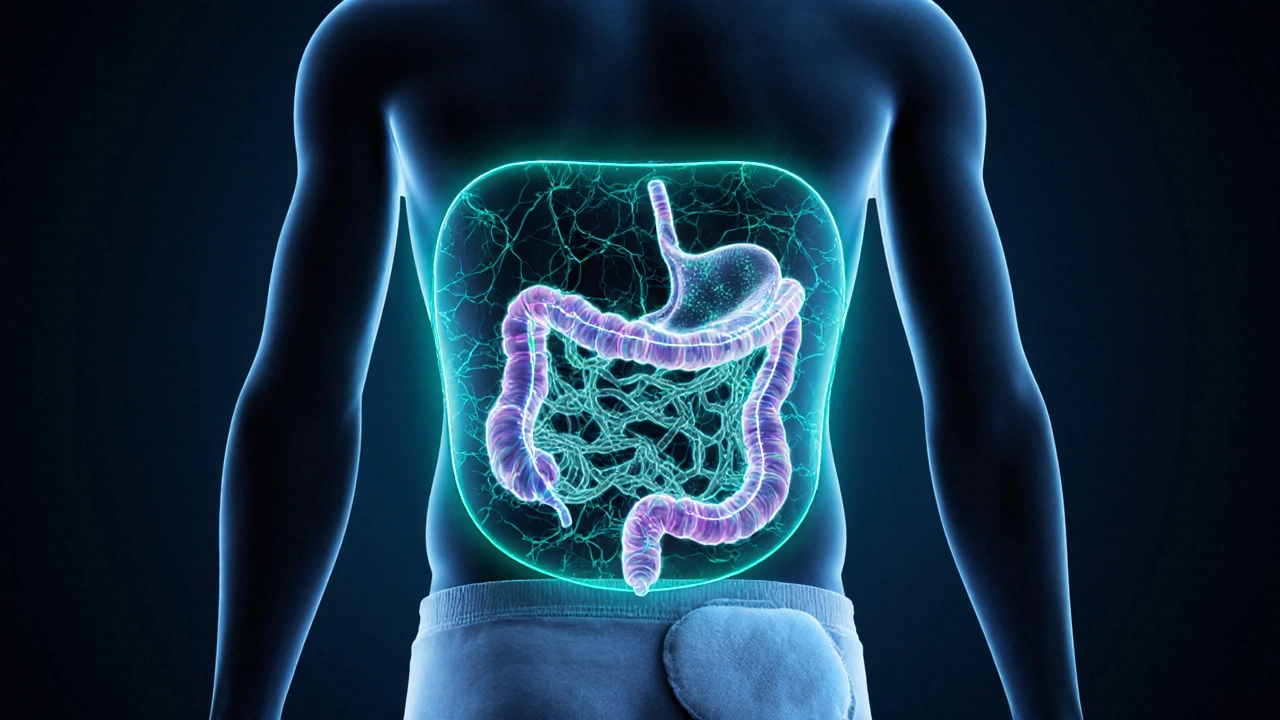 Illustration of healthy gut microbes shielding a person in breathable underwear.