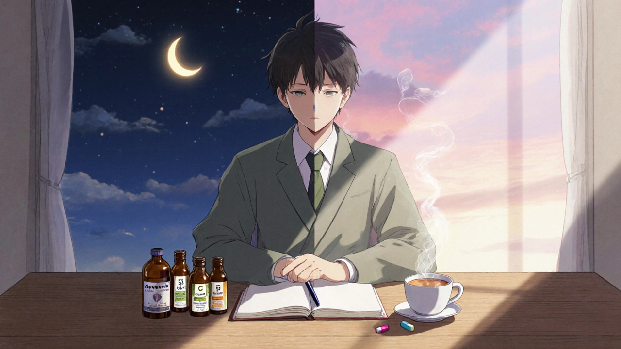 Individual writing in a journal with herb bottles, sunrise and moonlight symbolizing balance.