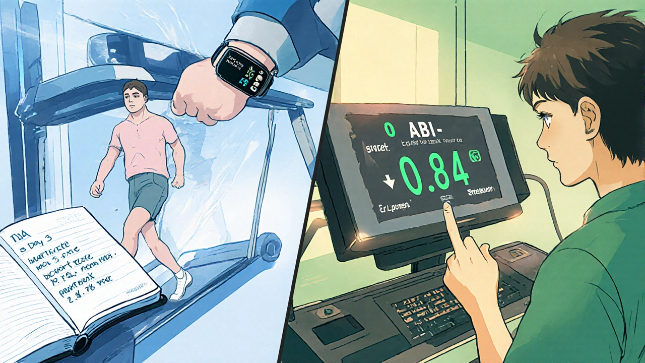 Man monitoring his step tracker while walking, with a physiotherapist guiding nearby.