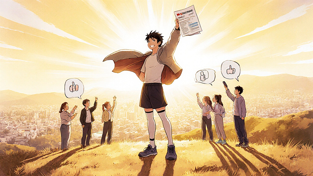 Man proudly shows an improved ABI score, wearing compression stockings, cheered by a friend.