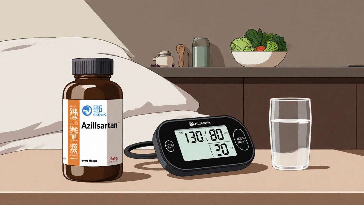 Medication bottle, blood pressure monitor, and healthy low‑sodium meal.