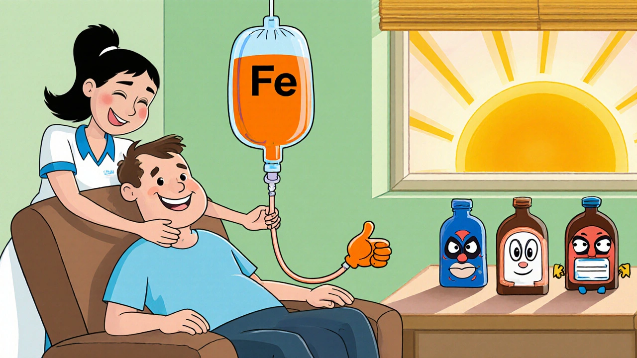 Nurse gives IV iron to a patient while cartoon heart medicines stand by, illustrating treatment of PAH and anemia.
