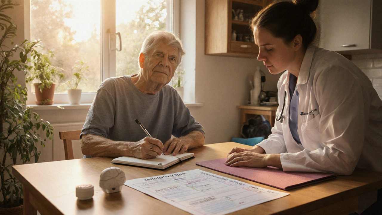 Patient and neurologist reviewing a medication diary with DBS model and yoga mat, conveying hopeful care.