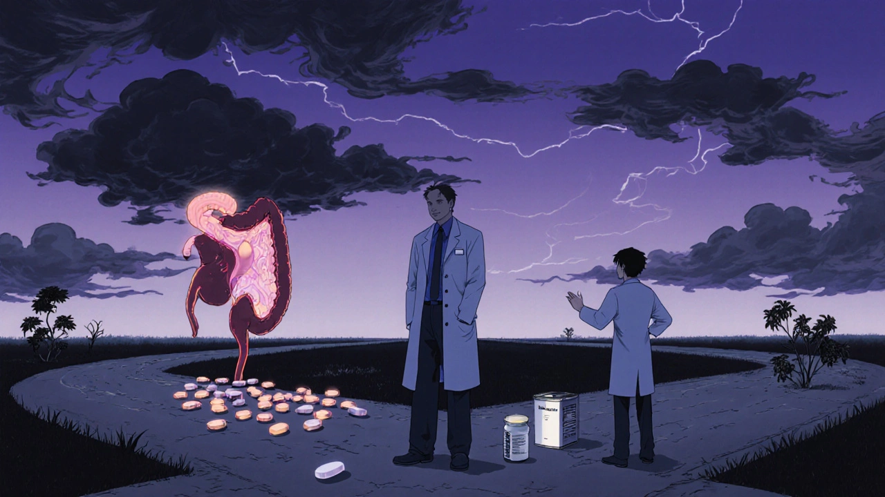 Patient at a crossroads choosing between a glowing Avodart path and a milder finasteride/natural supplement path, with a doctor guiding.