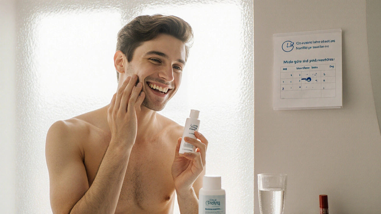 Person applying moisturizer in bright bathroom, calendar reminder for monthly blood tests.