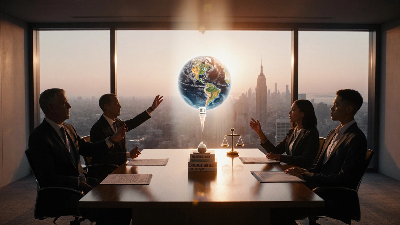 Policymakers gathered around a glowing globe, symbols of health and justice nearby.