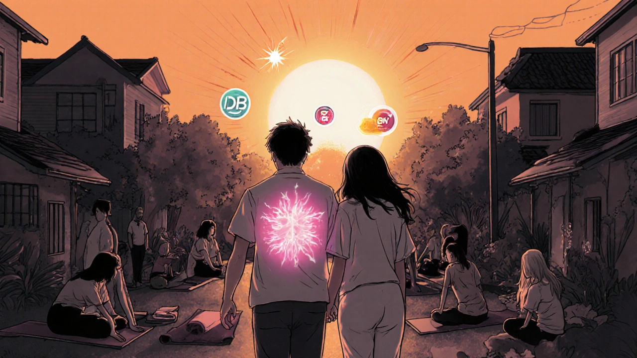 Recovered TB patient walking in garden with supportive friends, glowing chest and symbols of nutrition and exercise.
