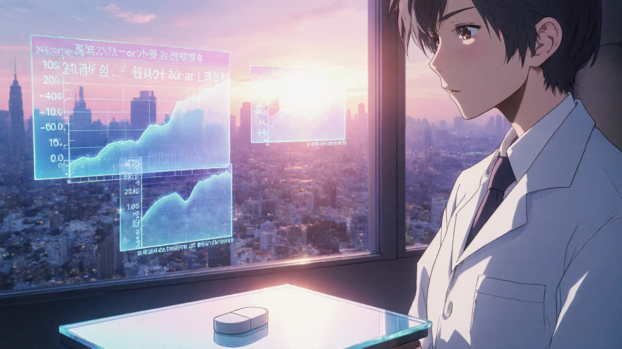 Researcher examines a low‑dose efavirenz pill with sunrise in the lab background.