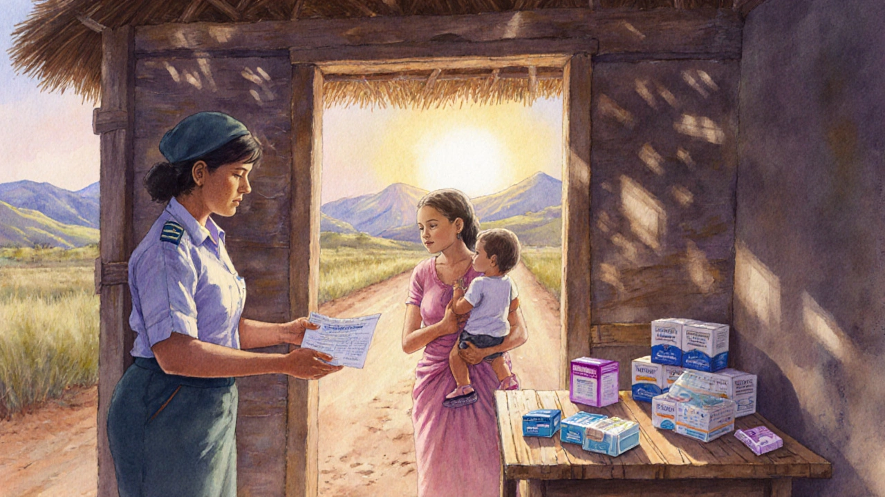 Rural health worker gives a voucher to a woman beside a table of contraceptives at sunrise.