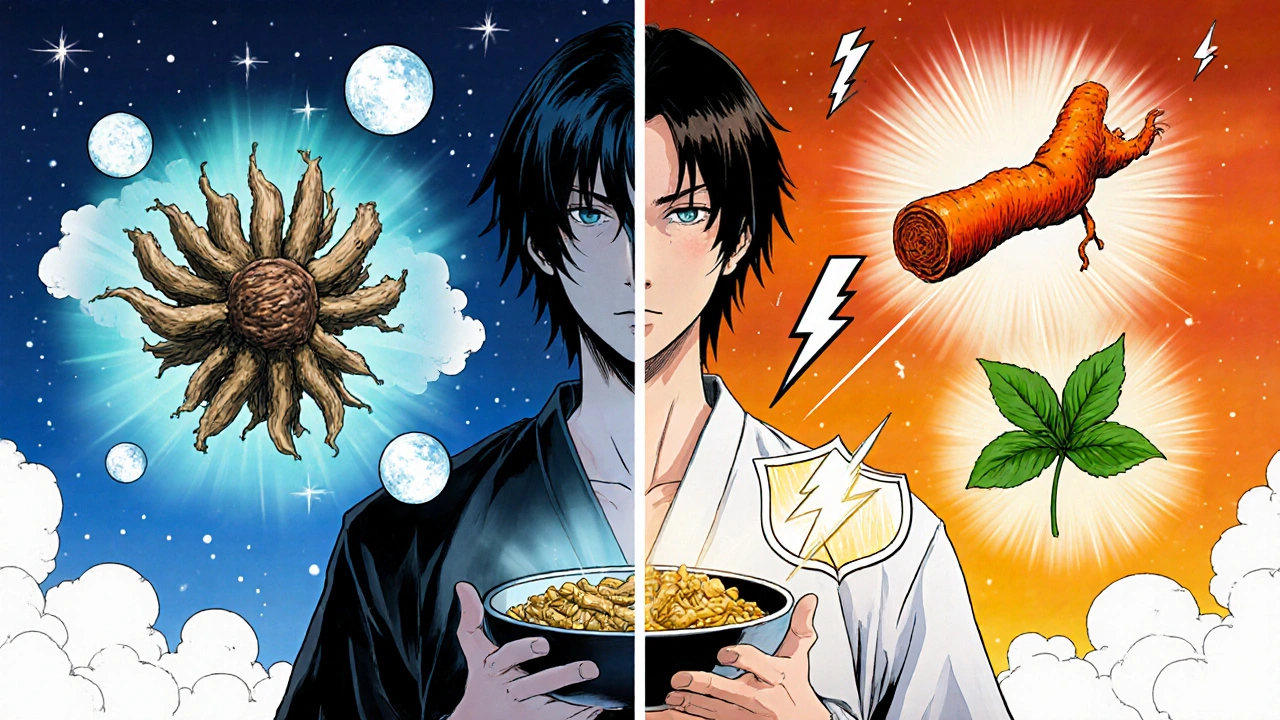 Split scene comparing calming ash and energizing adaptogens with night and sunrise elements.