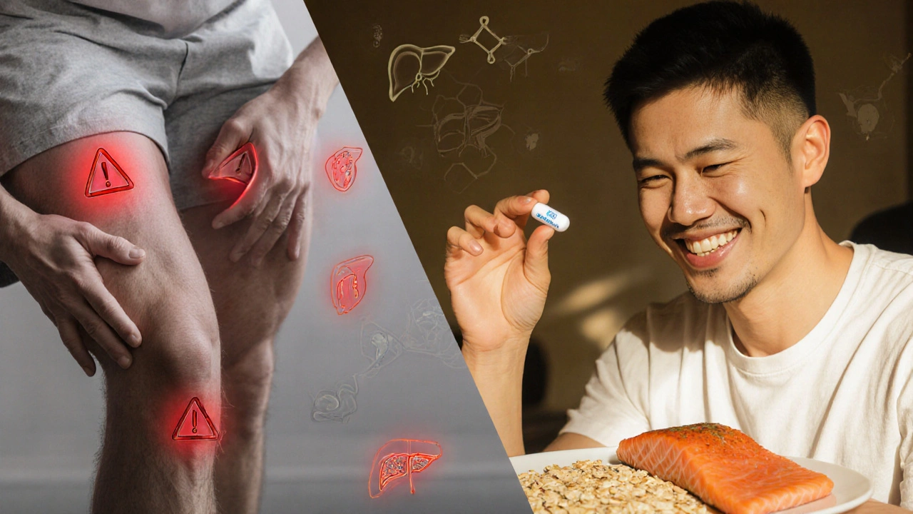 Split scene: one side shows muscle pain with warning symbols, the other shows healthy eating with ezetimibe pill.