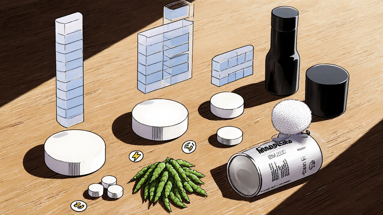 Tabletop display of Avodart pill, finasteride pill, saw palmetto berries, minoxidil canister, and ketoconazole bottle with efficacy bars.
