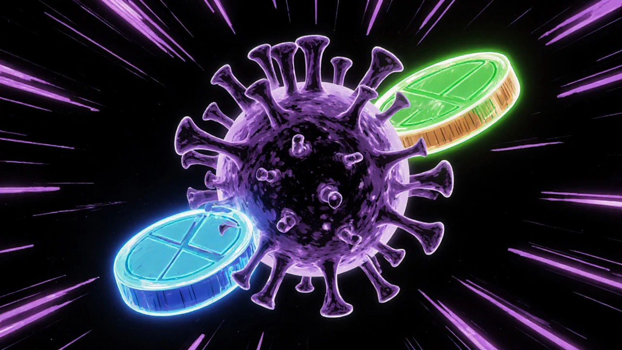 Three glowing tablets surround an HIV virus, illustrating drug action.