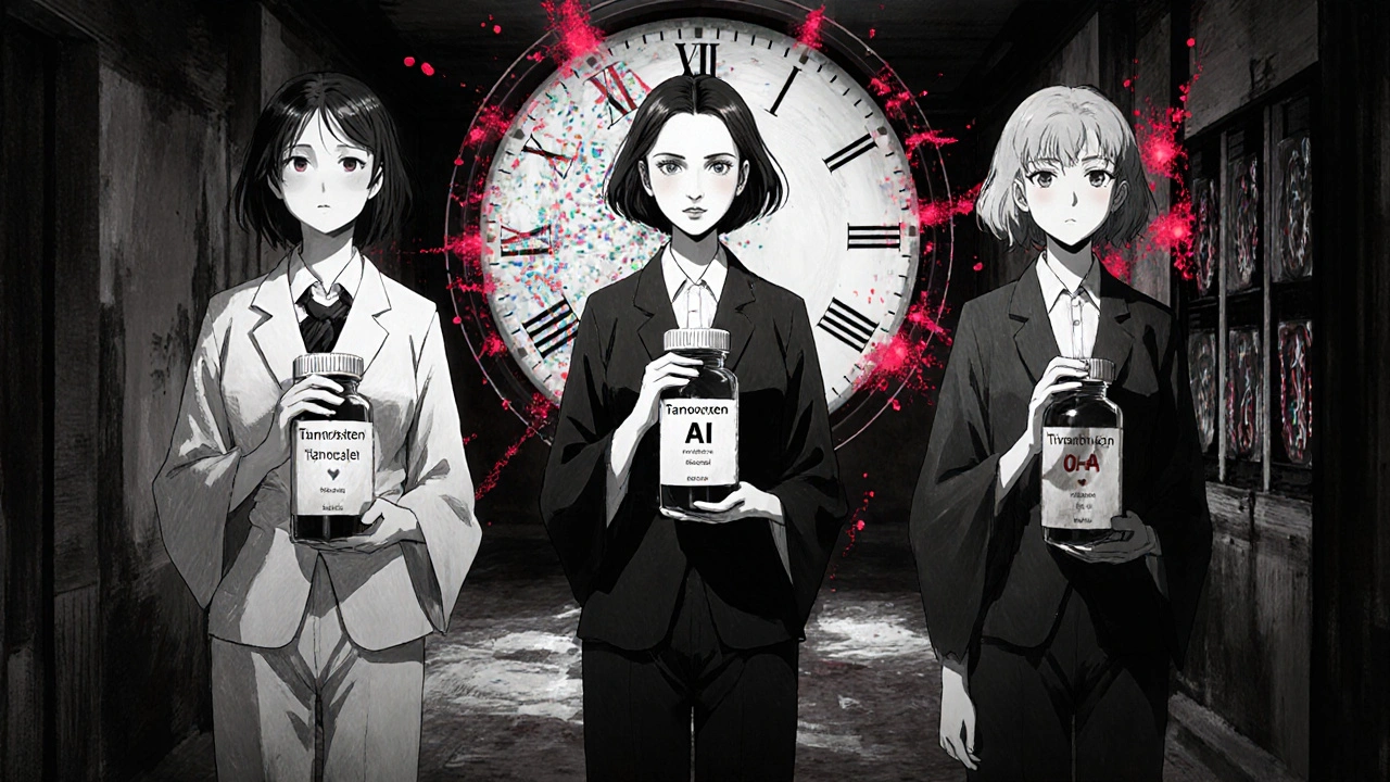 Three women at different life stages stand in a symbolic hallway, each holding a different breast cancer treatment vial.