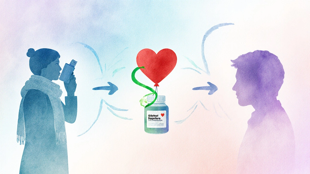 Watercolor scene showing three patients (asthma, heart‑failure, anxiety) linked to specific meds.
