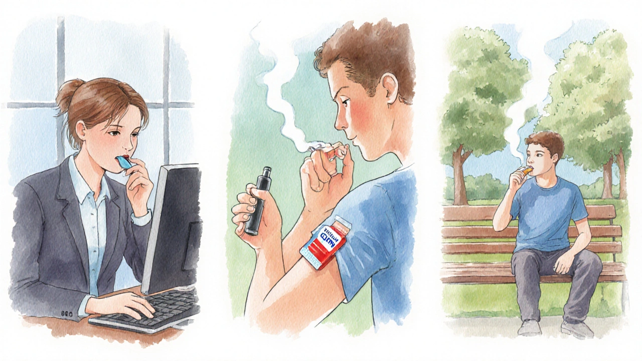Watercolor scenes of gum chewing at work, patch on arm for jogging, and vaping on a bench.