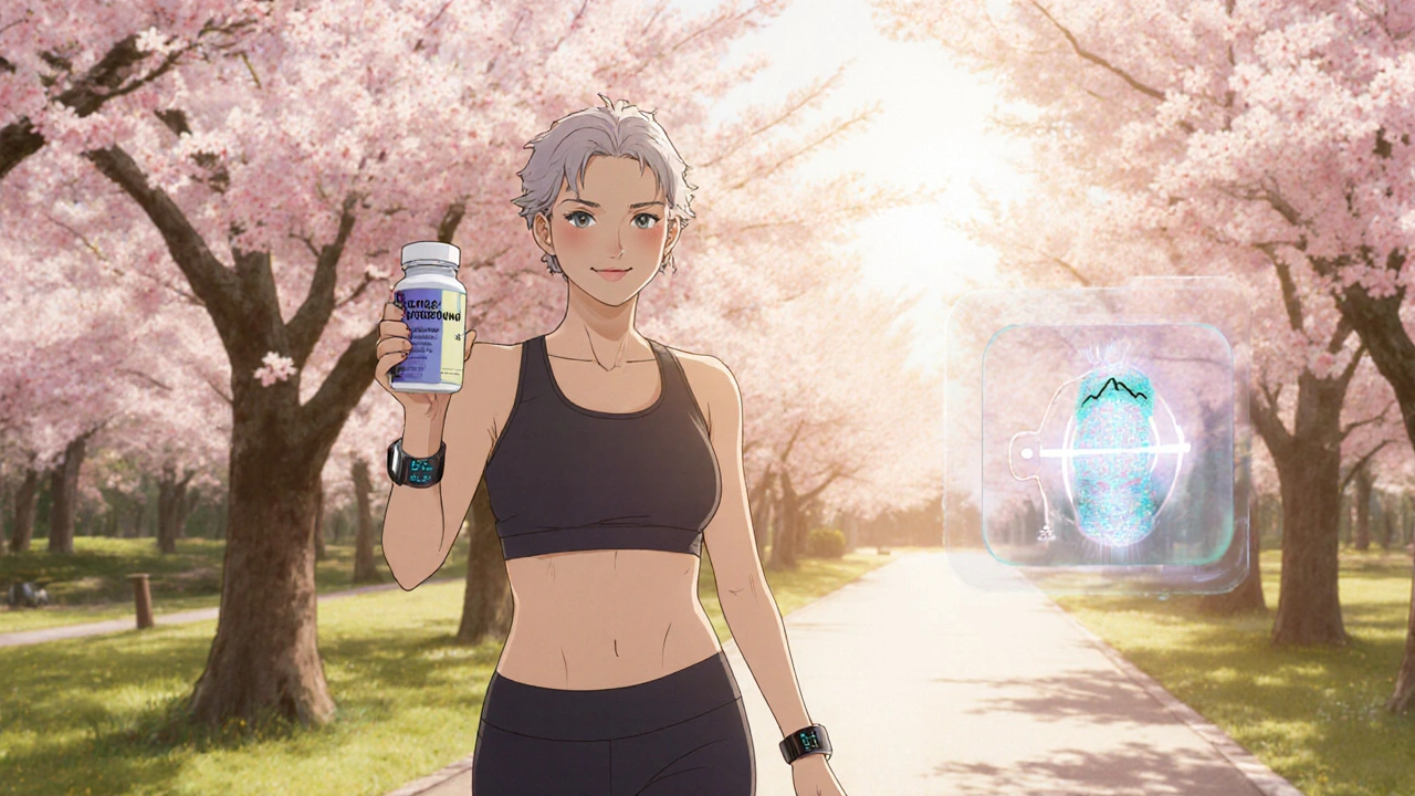 Woman walking in a cherry blossom park, wearing a smartwatch and a hormone therapy bottle hologram.