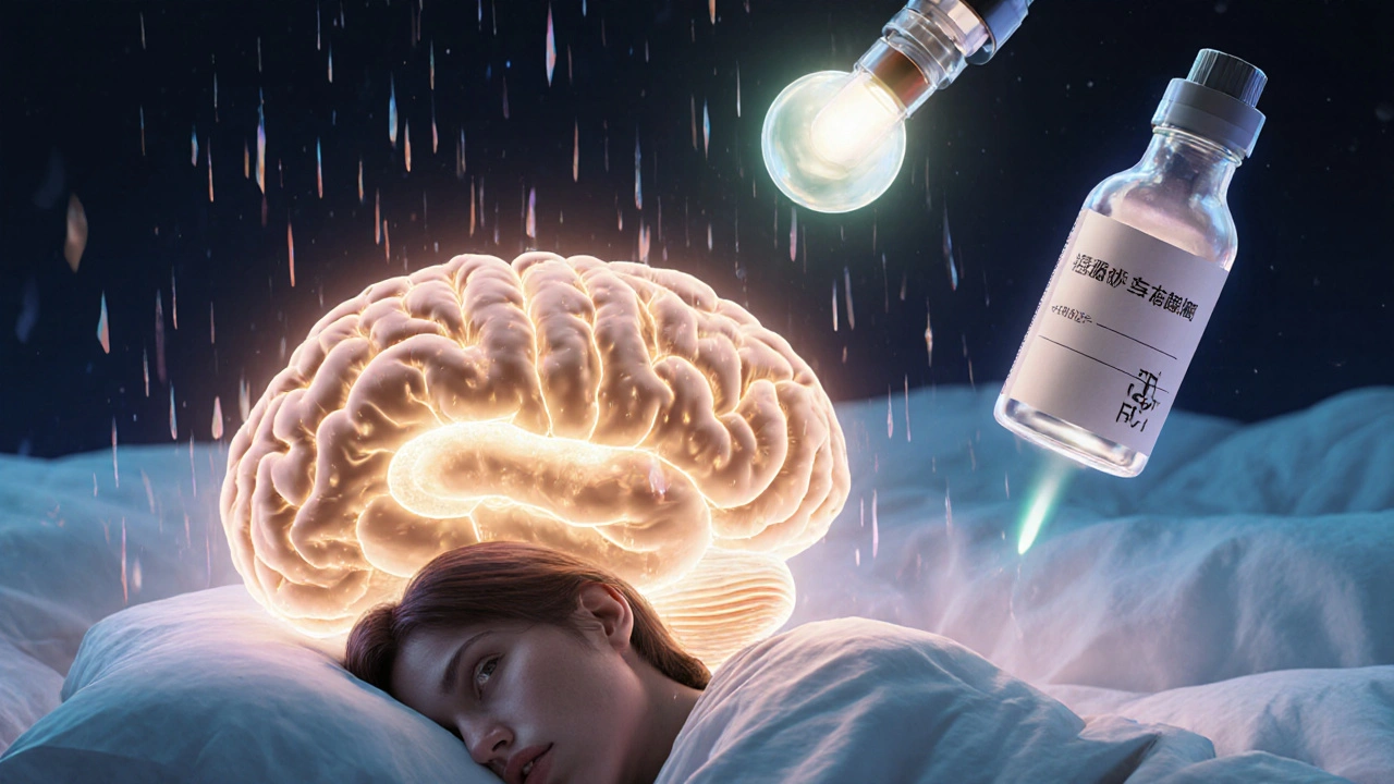 A brain region glowing with iron particles and futuristic medical devices hovering above a sleeping person.