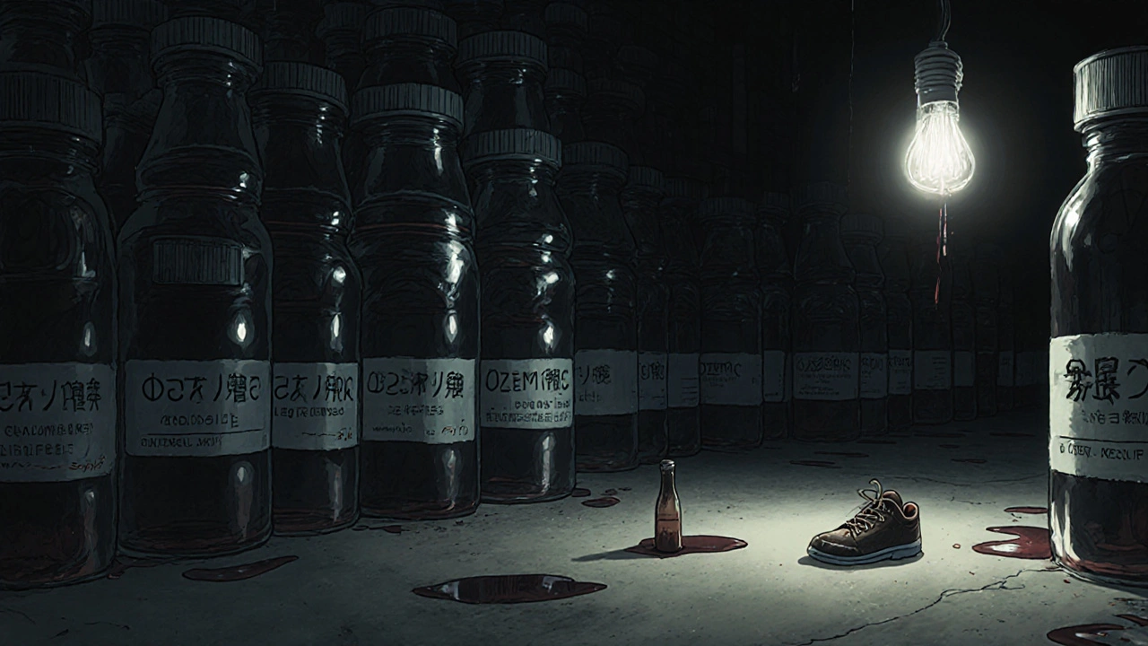 A dark warehouse with leaking fake medicine bottles, pooling toxic fluids, and a child&#039;s shoe beside a spilled syrup bottle.