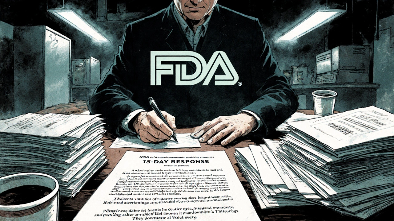 A manager signs a compliance response surrounded by reports and data, haunted by a ghostly FDA logo.