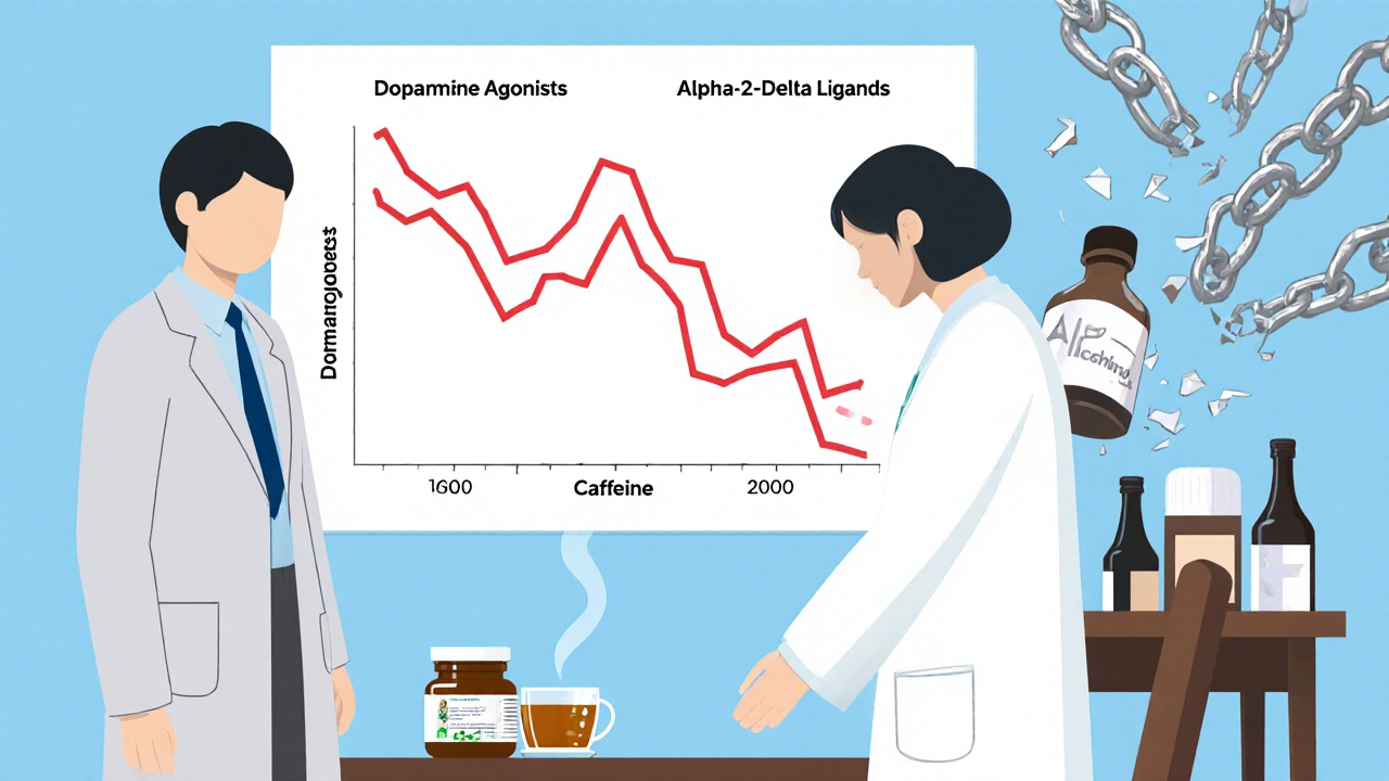 A neurologist pointing to a medical chart comparing worsening dopamine treatment with stable alternative therapy.