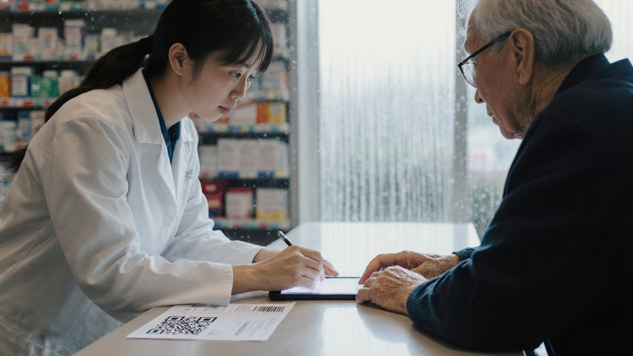 A pharmacist helping an elderly person report a drug reaction using a tablet with a QR code on the counter.