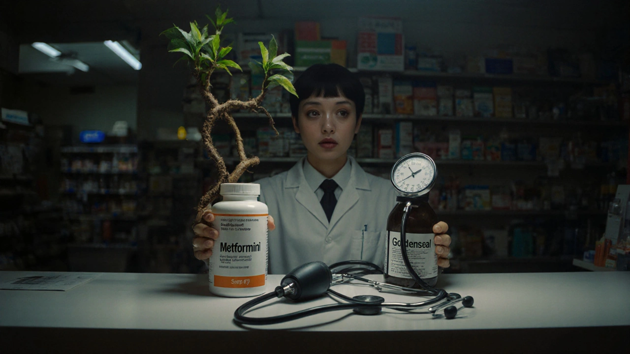 A pharmacist holding goldenseal and metformin bottles, with a twisted root choking medical tools.