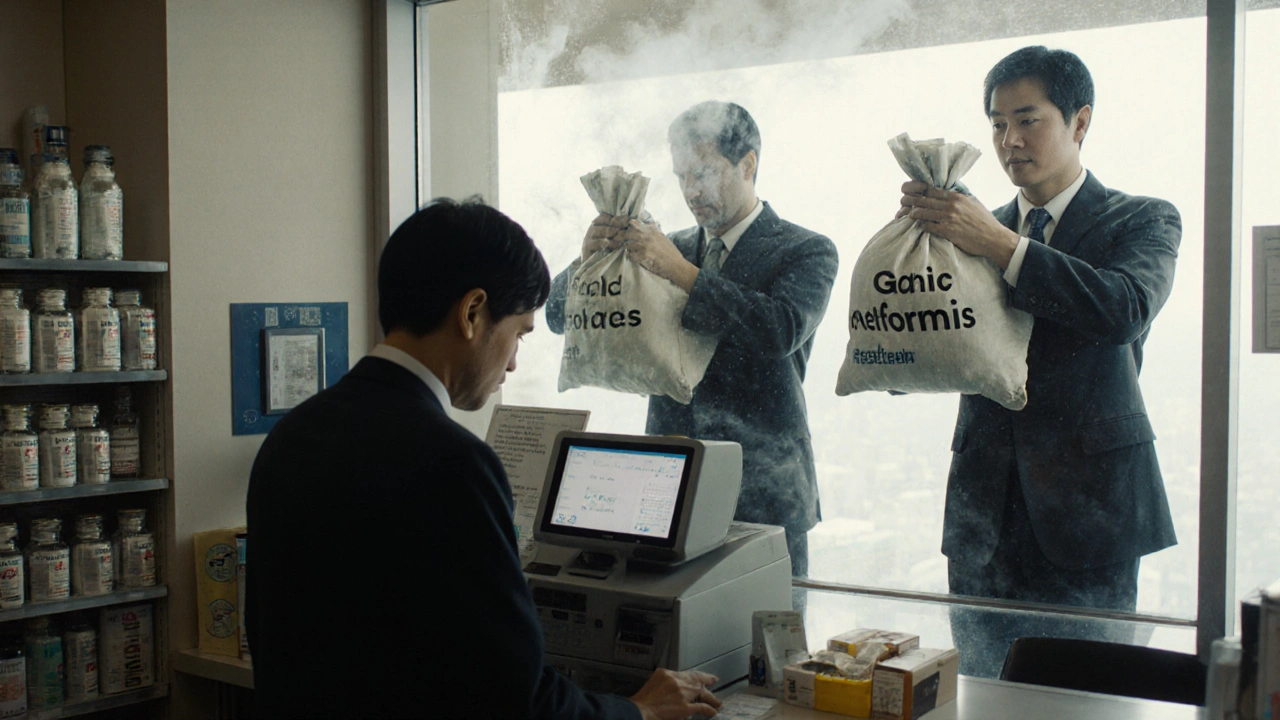 A pharmacist sees minimal profit on a generic drug sale while shadowy PBMs loom behind, clutching cash.