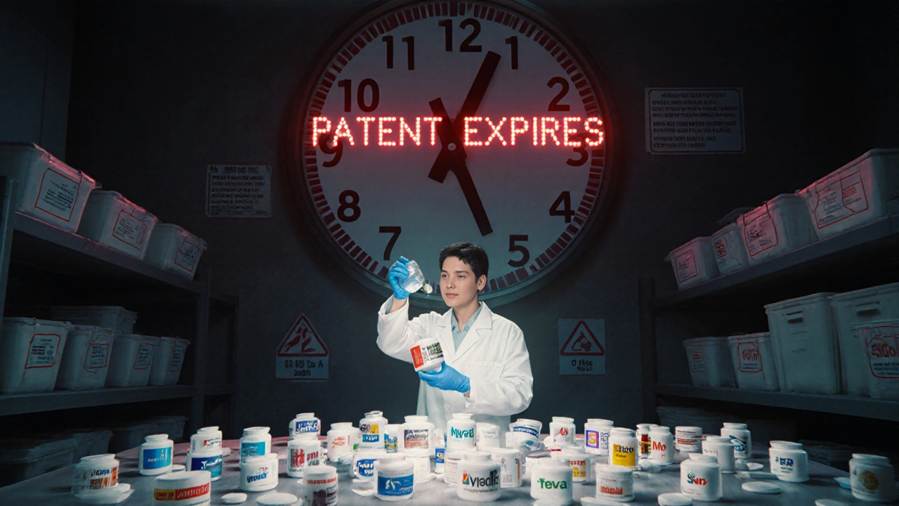 A scientist watches a brand drug shatter into generic tablets marked with corporate logos under a patent expiration clock.