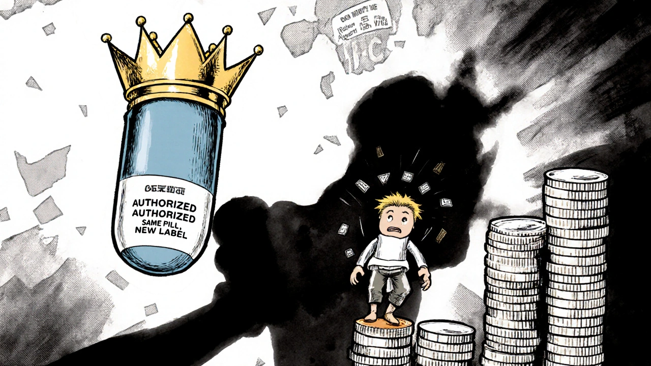A three-tiered price ladder shows brand, authorized generic, and independent generic pills with corporate shadows and fading coins.