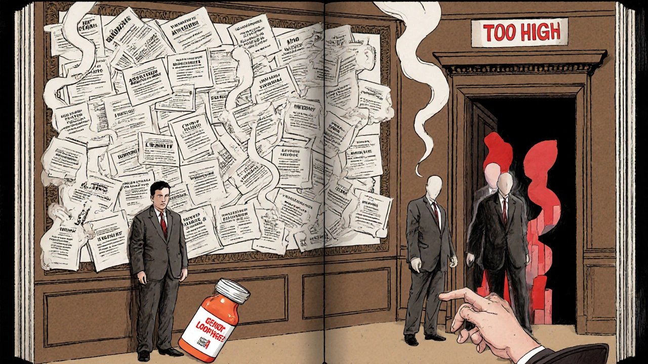 An FTC investigator faces legal documents as ghostly executives escape through a loophole, while a patient reaches for an overpriced pill.