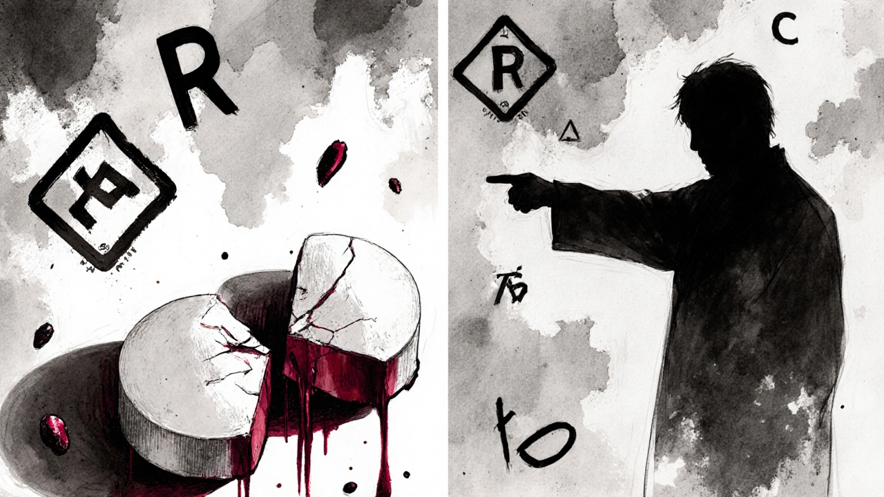 Broken extended-release pill releasing dangerous liquid, with warning symbols around it.