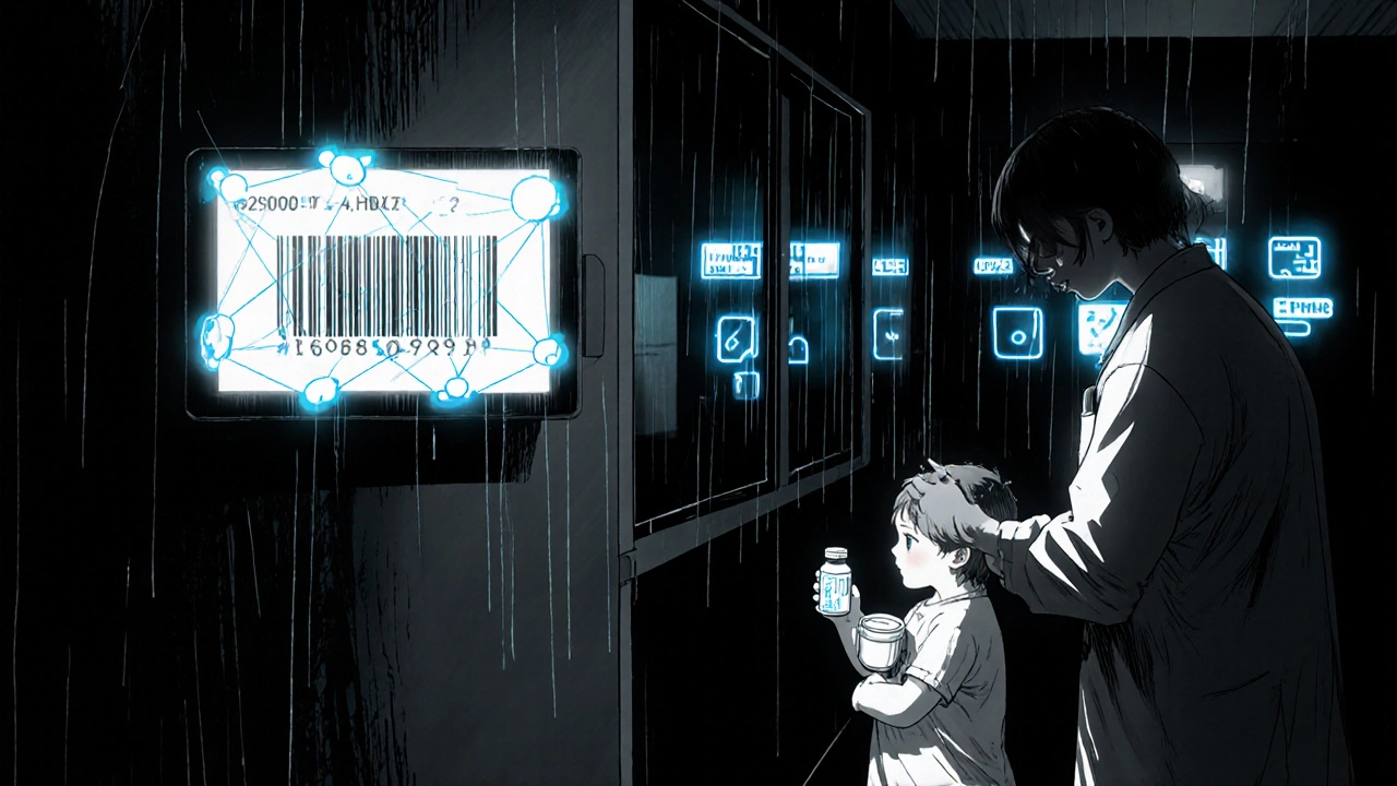 Child taking medication while pharmacist scans barcode under hospital corridor lights