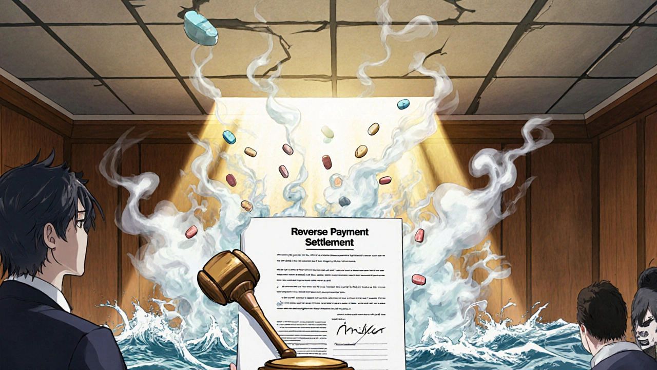 Courtroom gavel crushing a settlement contract as ghostly generic pills rise into sunlight.