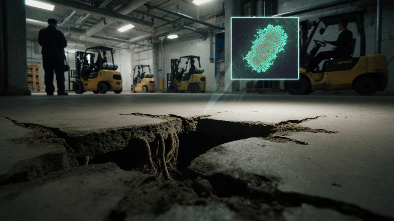 Cracked drain cover with creeping mold, illuminated by flashlight in a food processing zone.